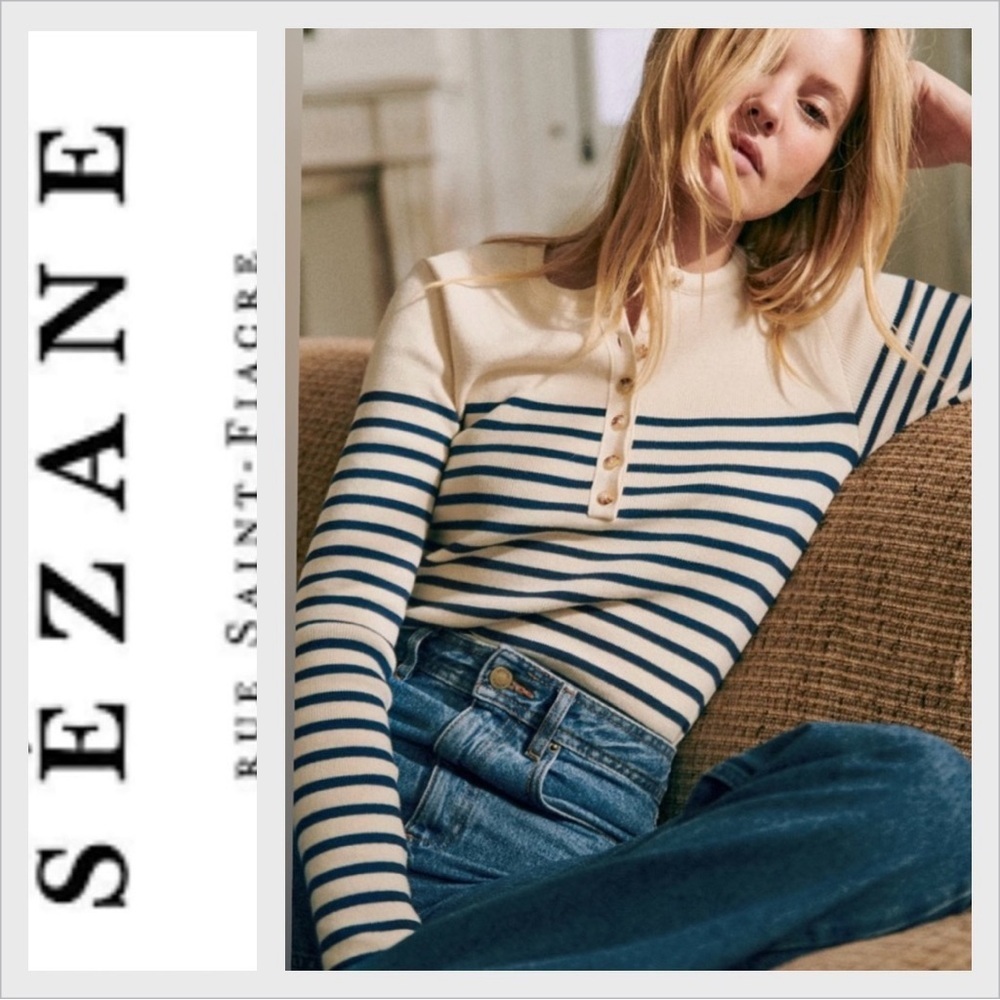 NWT Sezane Alexis sweater pullover Jumper natural/marine XS - Picture 2 of 8